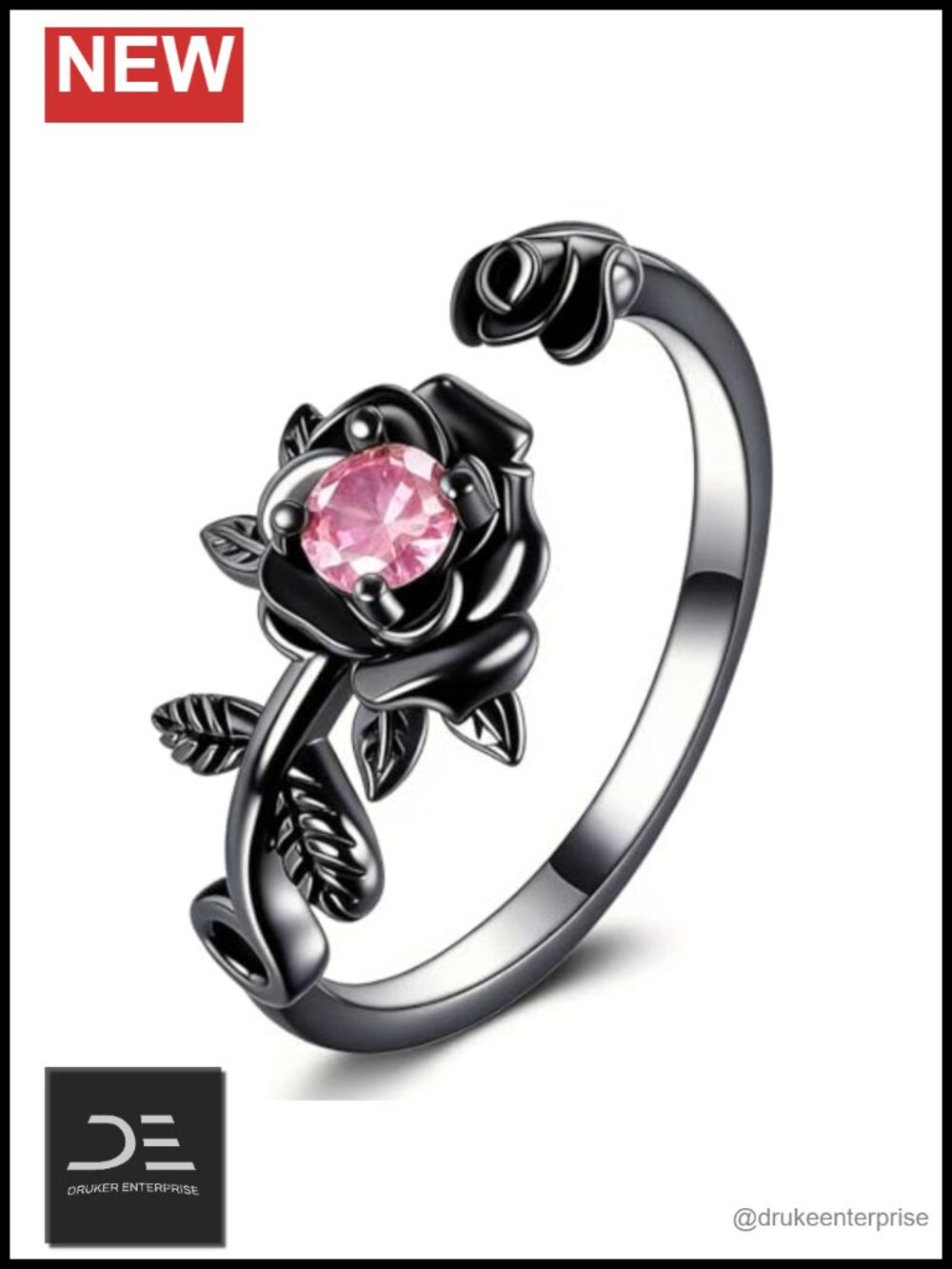 Sterling Silver Rose Flower Open Ring with CZ Adjustable